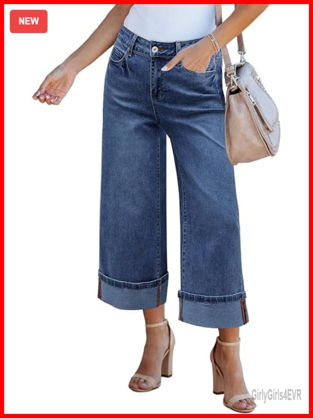 High Waisted Stretchy Wide Leg Cropped Baggy Jeans with Pockets